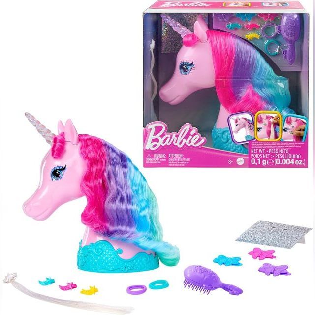 Barbie Unicorn Styling Head, Colorful Mane of Fantasy Hair with Styling Accessories and Shimmer Stickers, JCW52