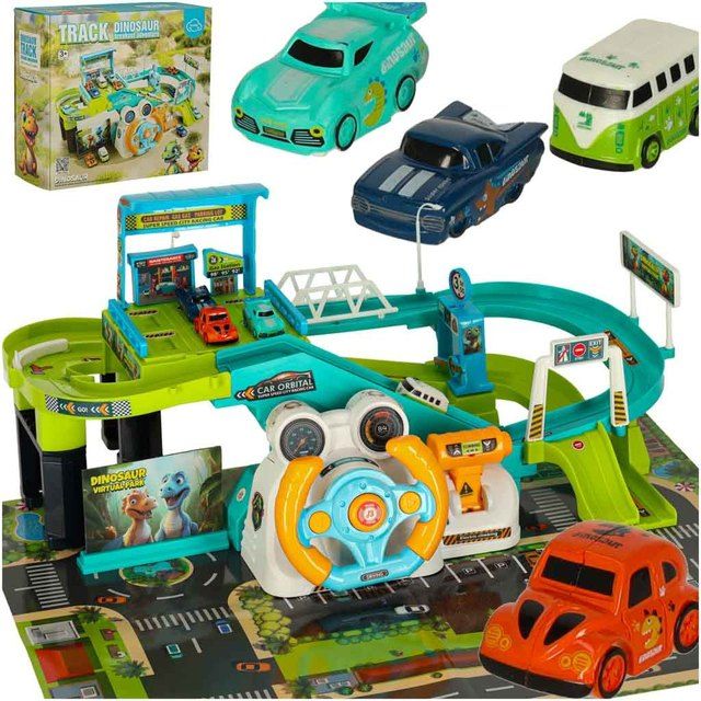 Interactive car track with steering wheel Obstacle course Dinosaurs KX3578