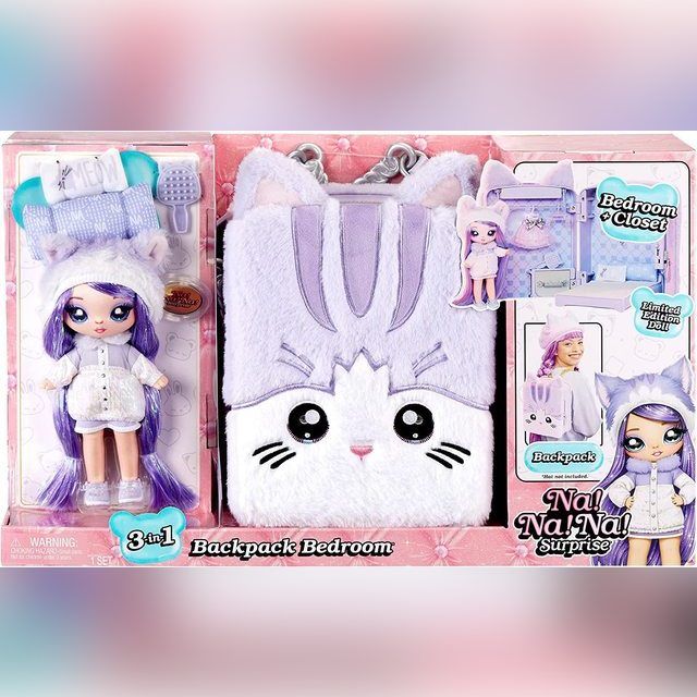 Lėlė MGA Na! Na! Na! Surprise Backpack Lavender Kitty 585572EUC, 25 cm