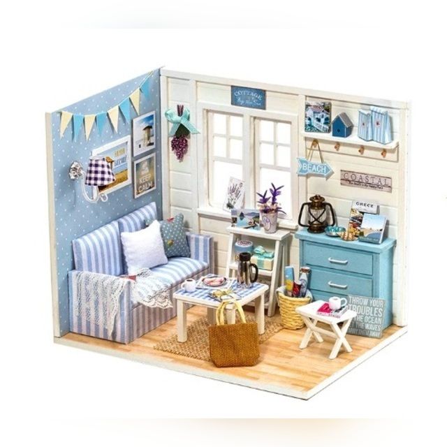 Wooden Dollhouse - Living Room Model for Assembly with LED Lighting, DIY KX6994