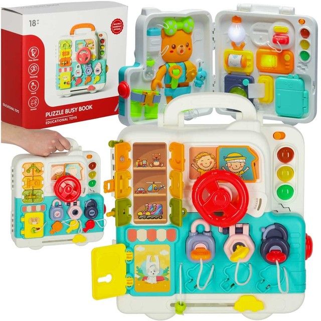 Sensory manipulative board Montessori suitcase with handles, XXL teddy bear, lights and sounds KX3203