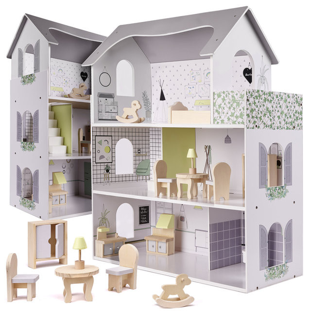 Wooden dollhouse 70cm with furniture