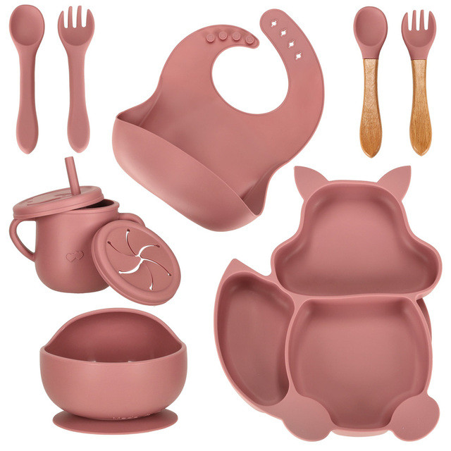 Children's silicone dishes squirrel 9-piece set dark pink