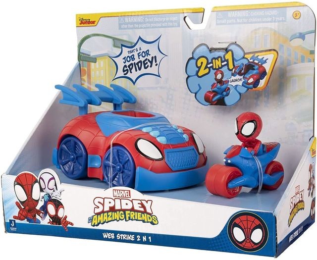 Žmogus voras su motociklu ir mašinėle Marvels Spidey and his Amazing Friends Web Strike Vehicle
